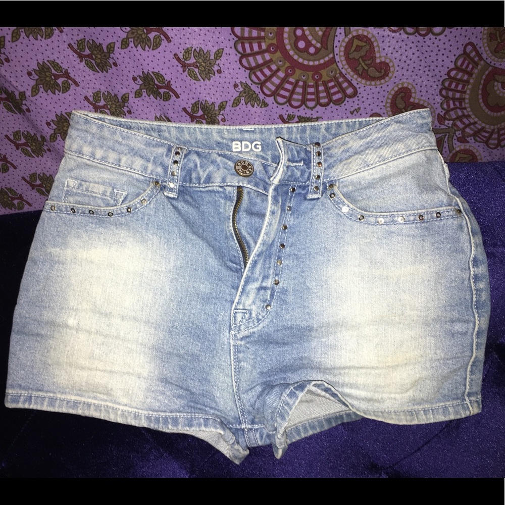 Studded High-Waisted Blue Jean Faded Shorts